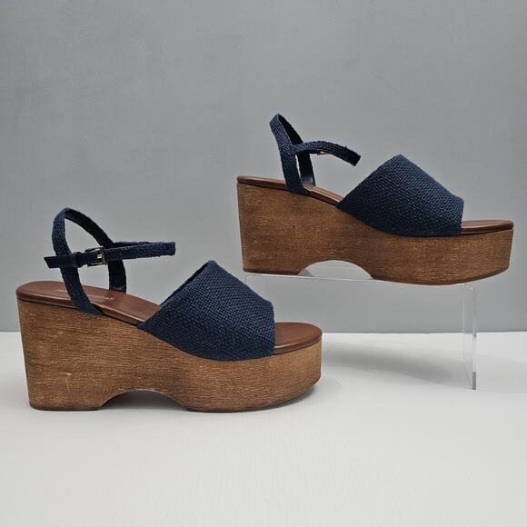 Jeffrey Campbell On Deck Sandal Womens 10 Navy Blue Wood Wedge Platform Heel - Picture 3 of 13